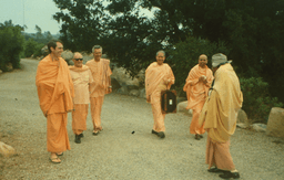 Six Swamis Swamis in full gerua meet on a path Swamis Atmarupananda, Bhadrananada, Tadatmananda, Swahananda, Prabuddhananda, Aseshananda, full shot