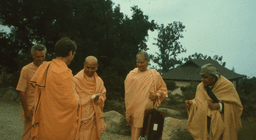 Five Swamis pause on a pathway - Swamis Tadatmananda, Atmarupananda , Prabuddhananda, Swahananda and Aseshananda pause together on a path, waist shot